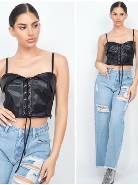 Haute Monde Black Faux Leather Lace-Up Cropped Tank